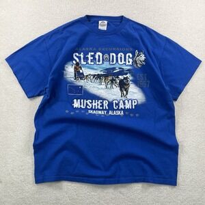 Vtg 90's Alaska Excursions Sled Dog Musher Camp Tshirt Skagway Husky Blue Large